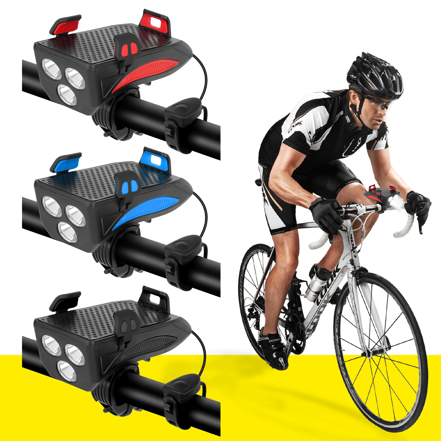 🚴‍♂️✨ Linterna de Bici 4 en 1: Ilumina, Alerta, Sostén y Carga en Cada Viaje! 📢📱🔋
