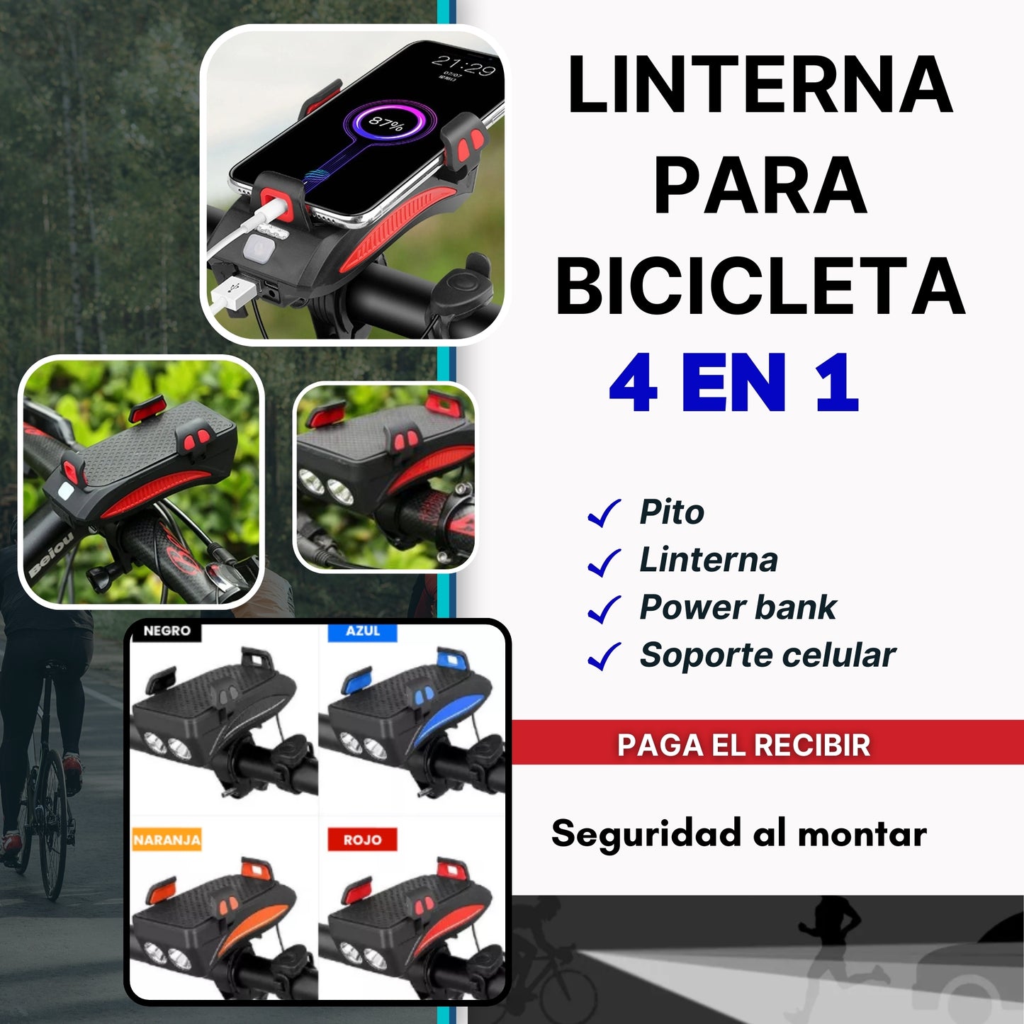 🚴‍♂️✨ Linterna de Bici 4 en 1: Ilumina, Alerta, Sostén y Carga en Cada Viaje! 📢📱🔋