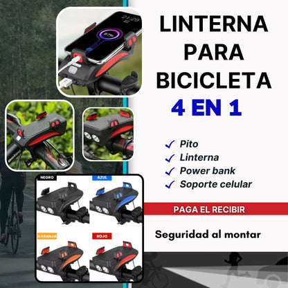 🚴‍♂️✨ Linterna de Bici 4 en 1: Ilumina, Alerta, Sostén y Carga en Cada Viaje! 📢📱🔋