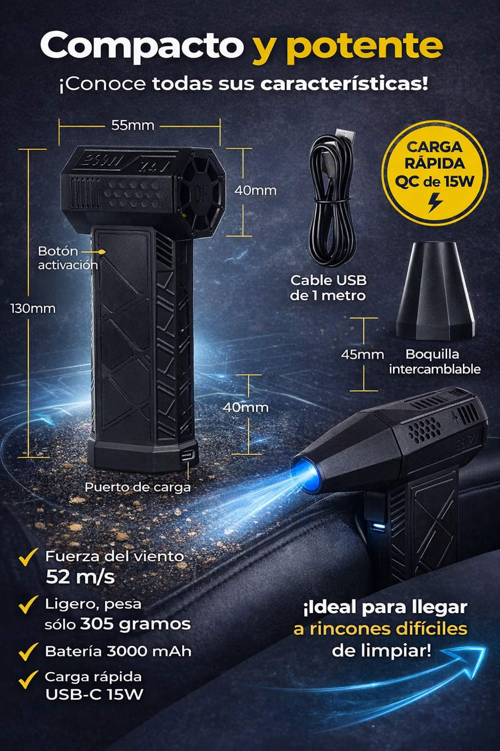 Promo Soplador Ultra Potente Recargable + Accesorios
