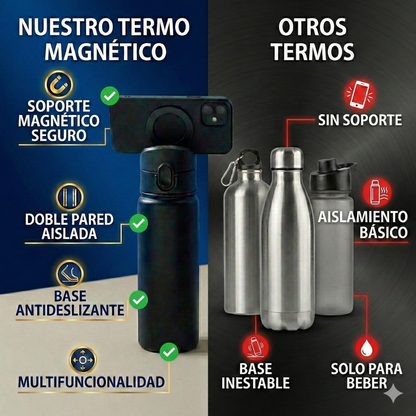 Termo de Acero Inoxidable 💧🧲📲 con Soporte Magnético – Ideal Gym, Oficina y Viajes