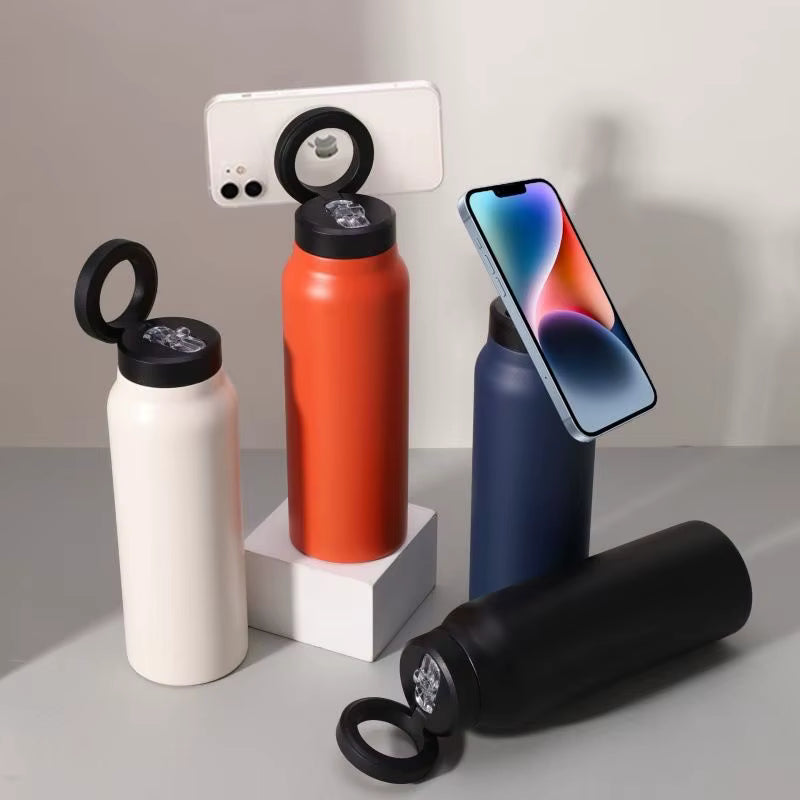 Termo de Acero Inoxidable 💧🧲📲 con Soporte Magnético – Ideal Gym, Oficina y Viajes